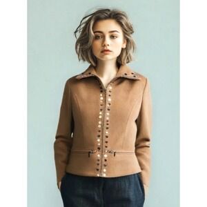 Andean Tradition Baby Alpaca Custom Embroidery Button Jacket Zip Tan Size Medium